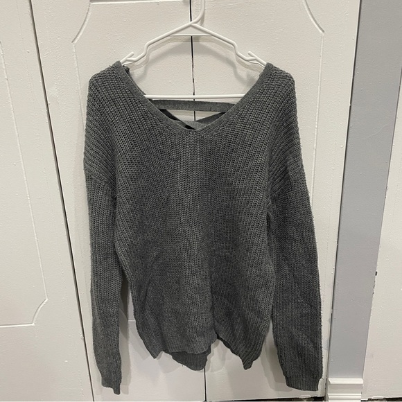 SO Grey Lace Up Knit Sweater - Picture 1 of 10